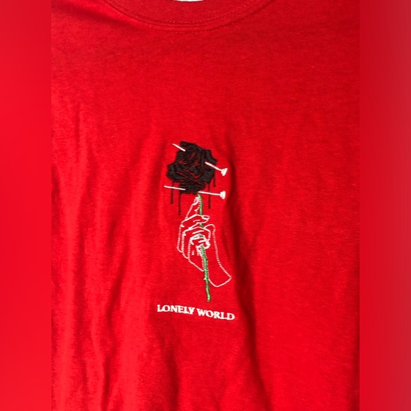 NWOT Lonely World Pinned Roses Embroidered Tee in Red - Picture 1 of 8